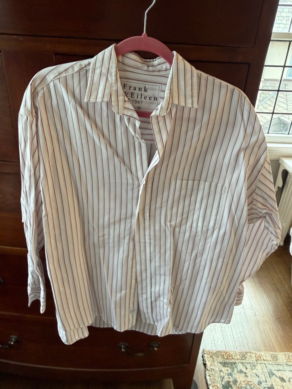 Frank & Eileen Shirley Oxford blouse.  White with tan and maroon stripes XS